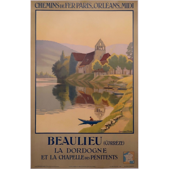 Vintage French travel poster Beaulieu - La dordogne et la chapelle des pénitents - 1920 - Constant Duval
