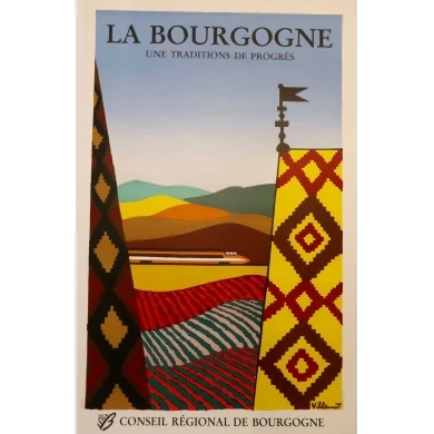 Affiche de Bernard Villemot datant de 1980, La Bourgogne. 77 x 120 cm