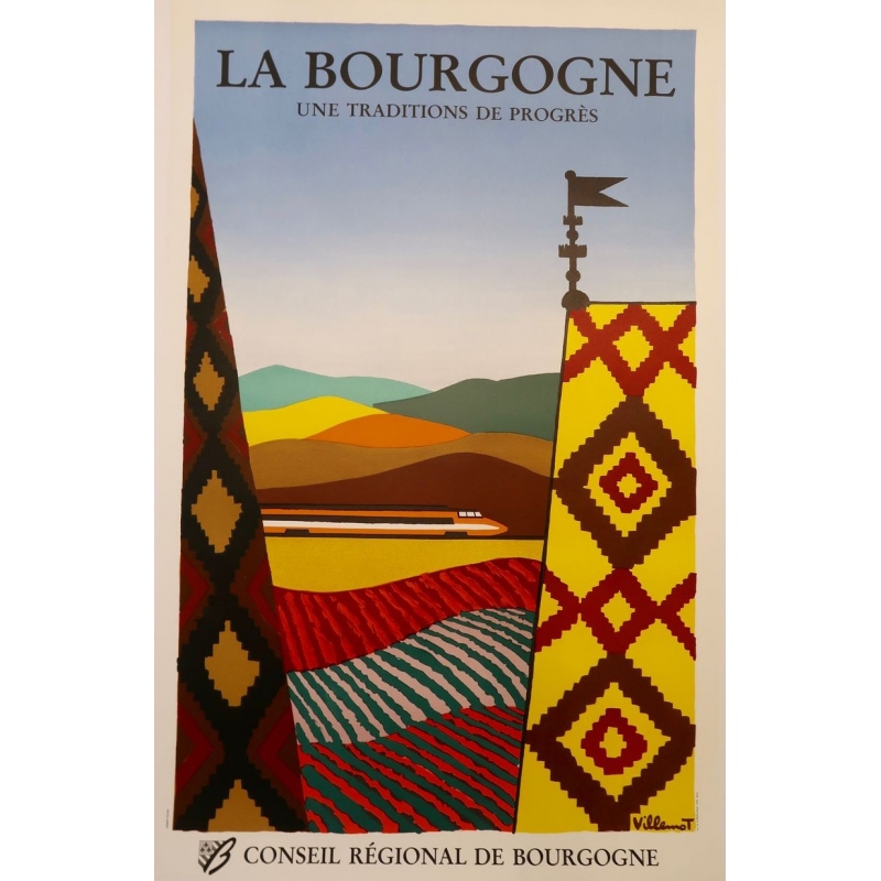 Affiche de Bernard Villemot datant de 1980, La Bourgogne. 77 x 120 cm