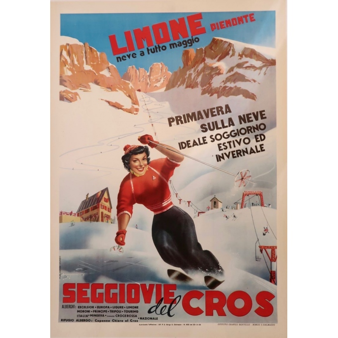 Vintage travel and advertising poster of ski resort Limone Piemonte Italy - 1960 - Bertello - 27.16 by 38.57 inches