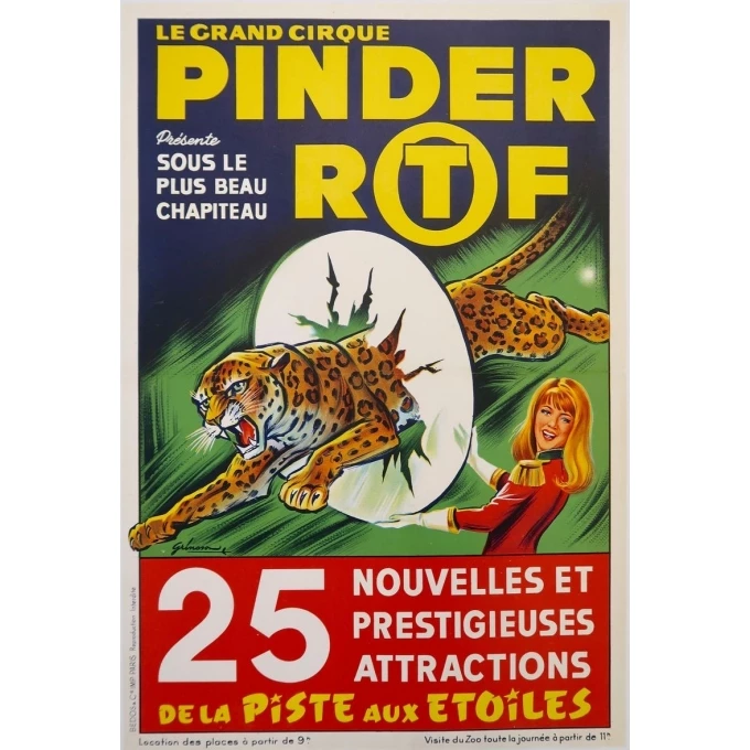 Affiche ancienne de publicité pour les spectacles du cirque Pinder La piste aux étoiles - Grinsson - 1960 - 45.5 x 64 cm