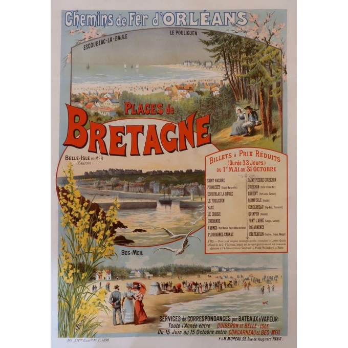 Affiche ancienne originale de Gustave Fraipont - 1896 - Plages de Bretagne - 75 par 104 cm