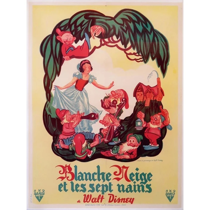 Affiche ancienne originale du film Blanche Neige et les sept nains de Walt Disney qui date de 1945