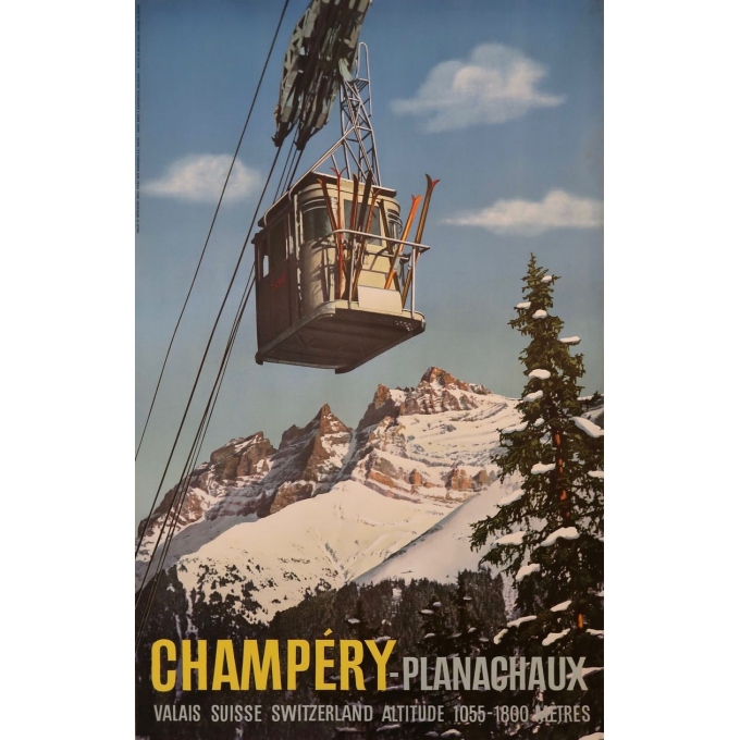 Affiche ancienne Champéry-Planachaux - René Klopfenstein - 1950 - 102 par 64 cm