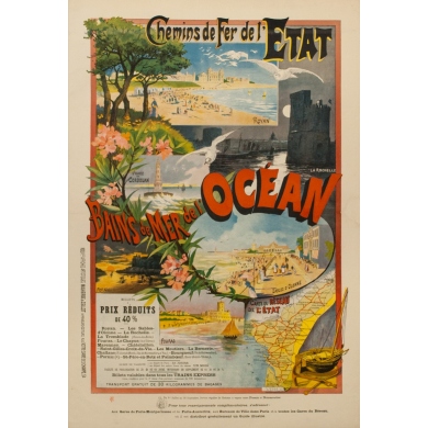 affiche ancienne de voyage par rails - F.G 1898 - Malemherbe - Chemins de Fer de l'Etat Bain de mer de l'océan - 120 par 82.5 cm