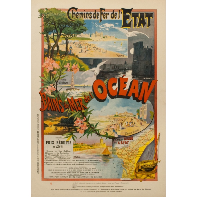 affiche ancienne de voyage par rails - F.G 1898 - Malemherbe - Chemins de Fer de l'Etat Bain de mer de l'océan - 120 par 82.5 cm