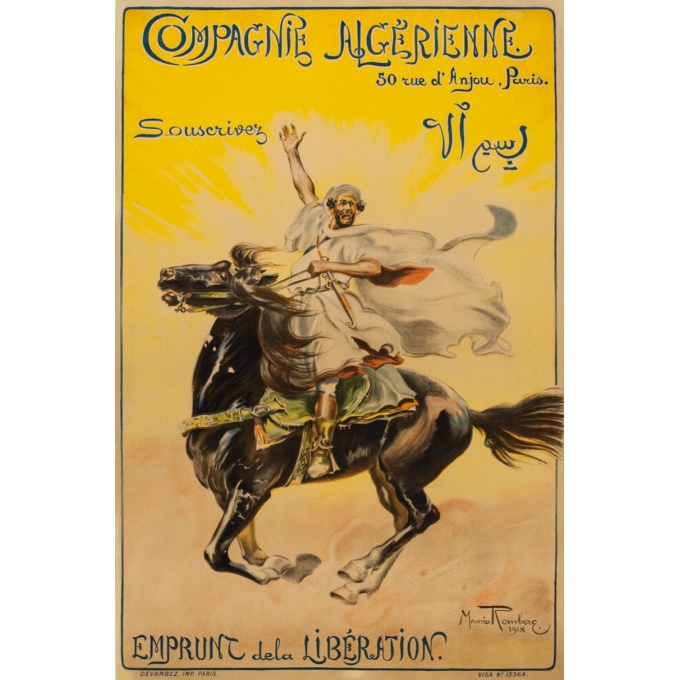 Affiche ancienne originale de publicité - 1918 - Maurice Romberg - Compagnie Algérienne - 118 par 77.5 cm