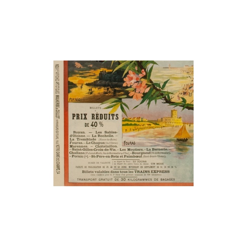 affiche ancienne de voyage rails - 1898 - Malemherbe - Chemins de Fer de l'Etat Bain de mer de l'océan - 120 par 82.5 cm - Vue 2
