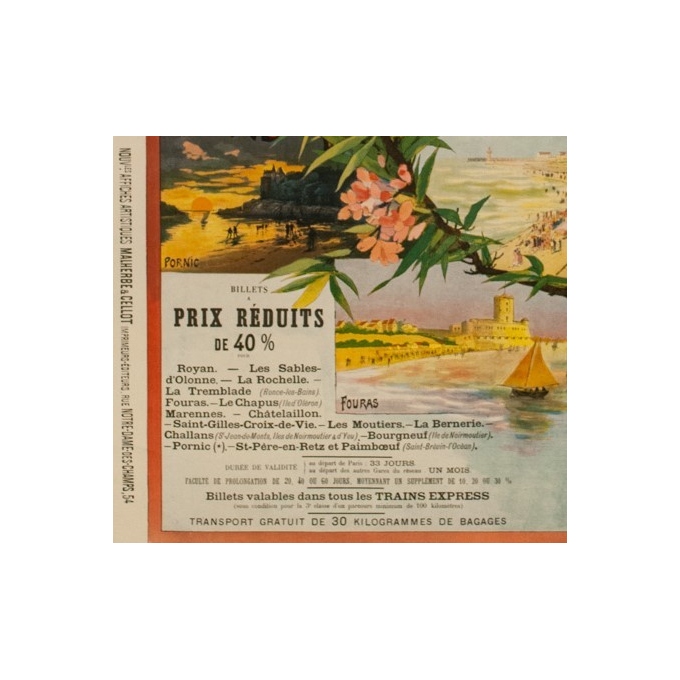 affiche ancienne de voyage rails - 1898 - Malemherbe - Chemins de Fer de l'Etat Bain de mer de l'océan - 120 par 82.5 cm - Vue 2