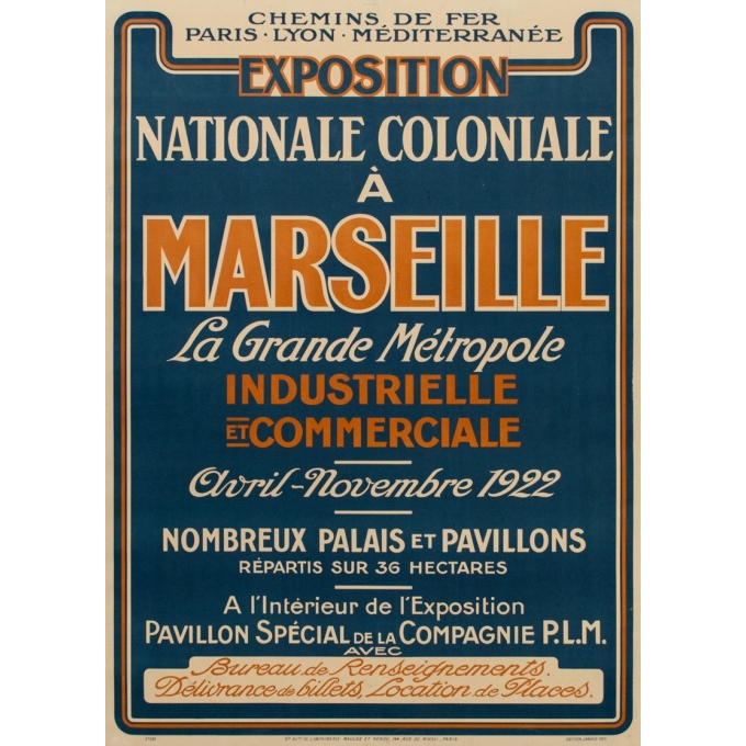 Affiche ancienne de l'exposition nationale coloniale à Marseille - 1922 - 107.5 par 76.7 cm