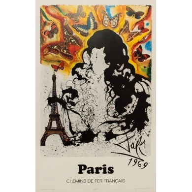Affiche ancienne de voyage par rail de Dali, Paris 1969
