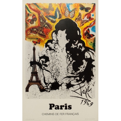 Affiche ancienne de voyage par rail de Dali, Paris 1969