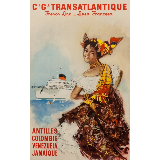 Affiche ancienne voyage - Albert Brenet - Cie Gle Transatlantique - 1950 - French Line