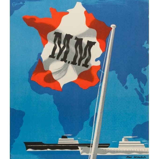 Affiche ancienne voyage - Jean Desaleux - 1955 - Messagerie Maritime - 100 par 62.5 cm - vue 2