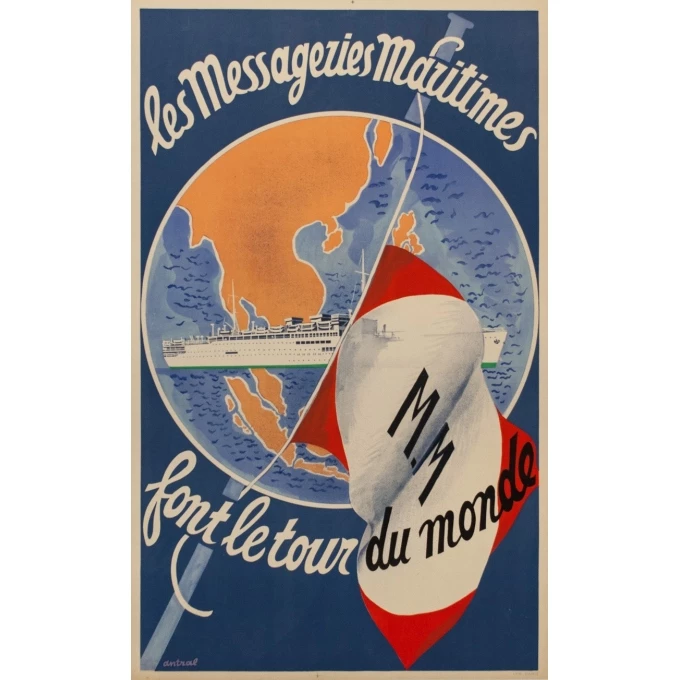 Affiche ancienne de voyage - Les Messageries Maritimes - Antral - 1955 - 98 par 61 cm