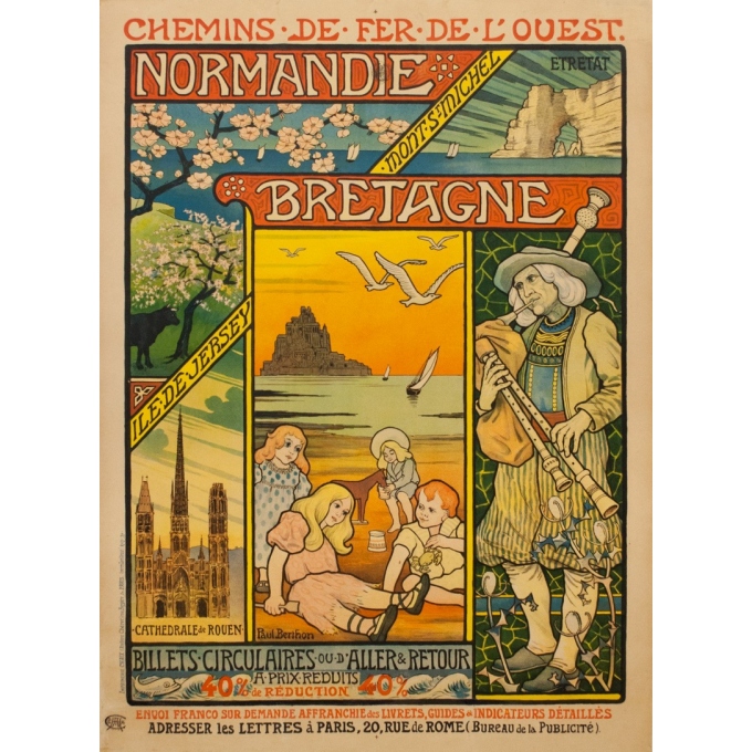 Affiche ancienne de voyage - Paul Berthon - 1897 - Chemins de fer de l'ouest - normandie bretagne - 110.5 par 81 cm