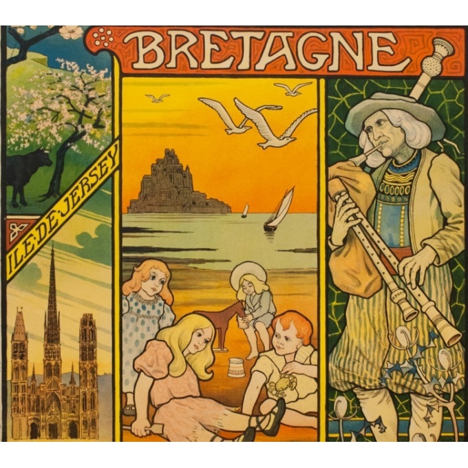 Affiche ancienne de voyage - Paul Berthon - 1897 - Chemins de fer de l'ouest - normandie bretagne - 110.5 par 81 cm - Vue 3