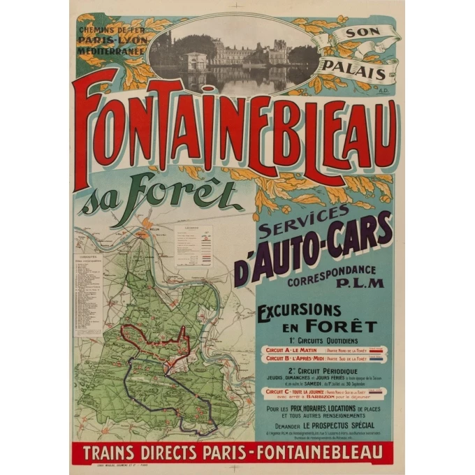 Affiche ancienne de tourisme - A.D - 1920 - Fontainebleau son palais et sa forêt - 116.5 par 76 cm