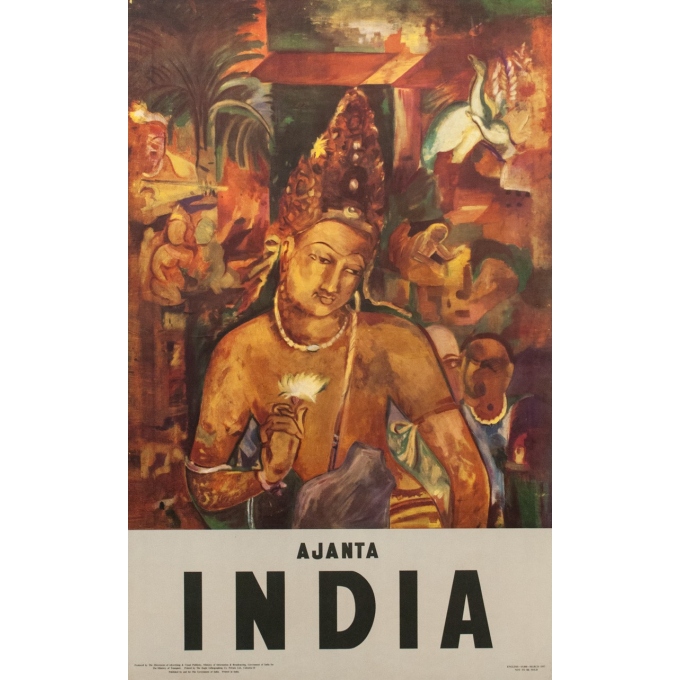 Affiche ancienne de voyage - Ajanta Inde - 1957 - 100 x 62.5 cm