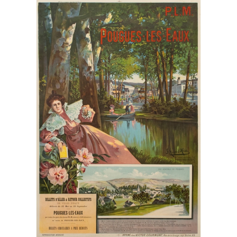 Affiche ancienne de voyage PLM - F.Hugo d'Alesi - Pougues les Eaux - 105.5 par 73.5 cm