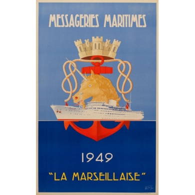 Affiche ancienne voyage - Messagerie Maritime - R.Souli - 1949 - La Marseillaise - 98 par 61.5 cm