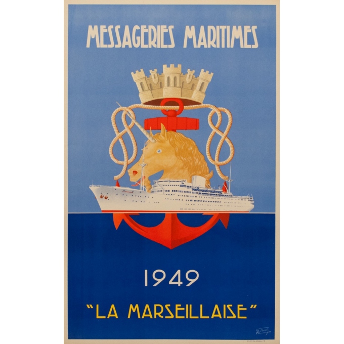 French vintage travel poster - Messagerie Maritime - R.Souli - 1949 - La Marseillaise - 38.58 by 24.21 inches