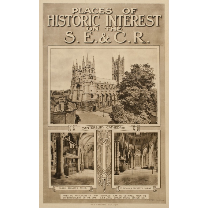 Affiche ancienne de voyage - Cathédrale de Canterbury - 1912 - 101 par 63 cm