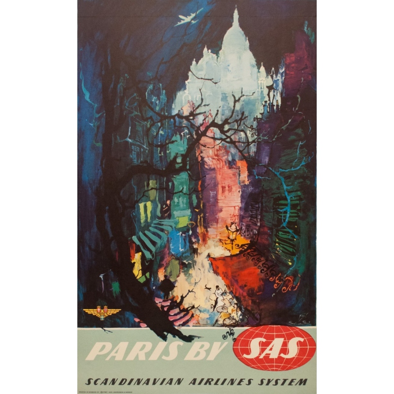 Affiche ancienne de voyage - Paris by SAS - Nielsen - 1965 - 101.5 par 62 cm