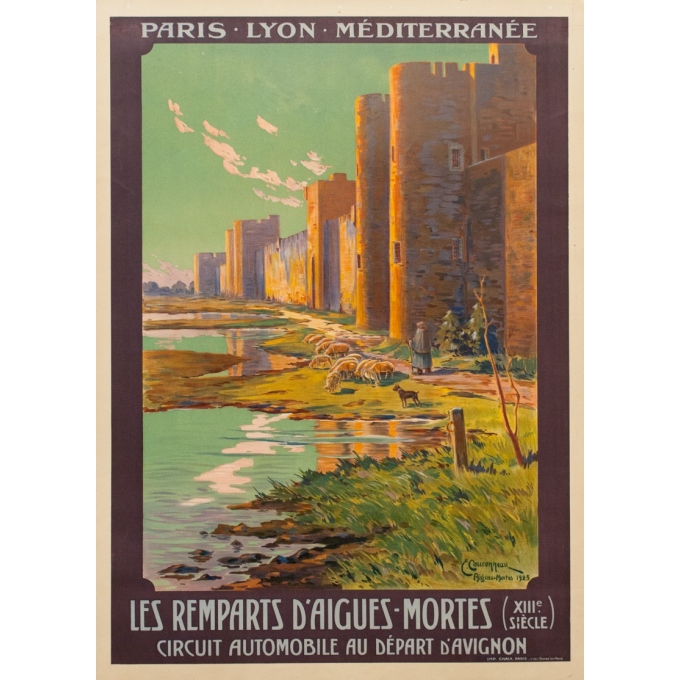 Affiche ancienne de voyage - PLM - Couroneau - Les Remparts d'Aigues Mortes - 1923 - 108.5 par 78 cm