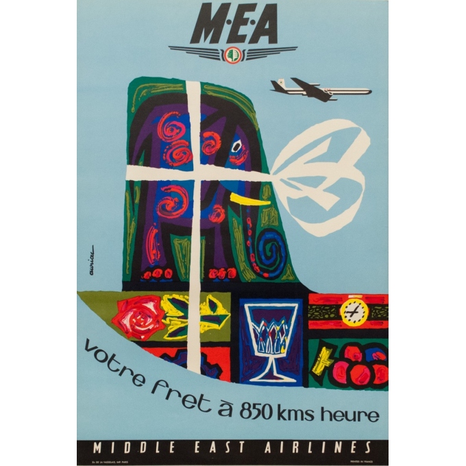 Affiche originale voyage air - Auriac - 1960 - MEA fret - 80 par 53.5 cm