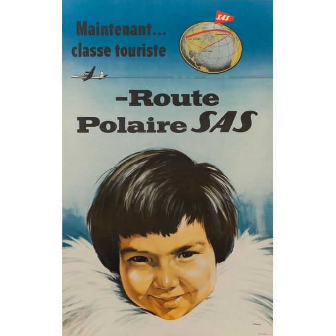 Affiche ancienne de voyage - Route Polaire - SAS - T. Mandel - 1955 - 100 par 63 cm