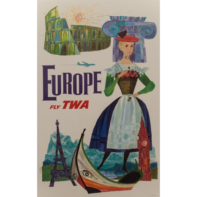 Affiche originale - TWA - D. Klein - 1970 - Europe - 101 par 64 cm