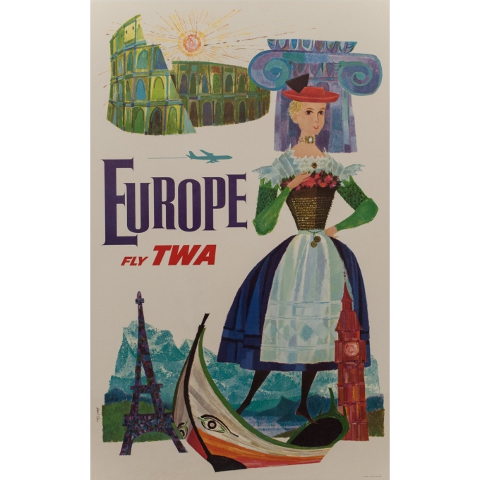 Original travel poster - TWA - D. Klein - 1970 - Europe - 39.76 by 25.20 inches