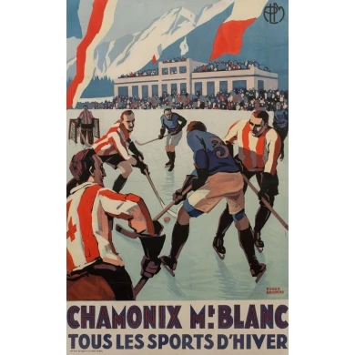 Affiche ancienne Chamonix Mt Blanc sports d'hiver - Championnat du monde de hockey - Roger Broders 1930 - 101 par 63 cm