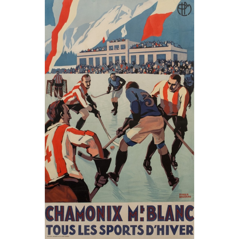 Affiche ancienne Chamonix Mt Blanc sports d'hiver - Championnat du monde de hockey - Roger Broders 1930 - 101 par 63 cm
