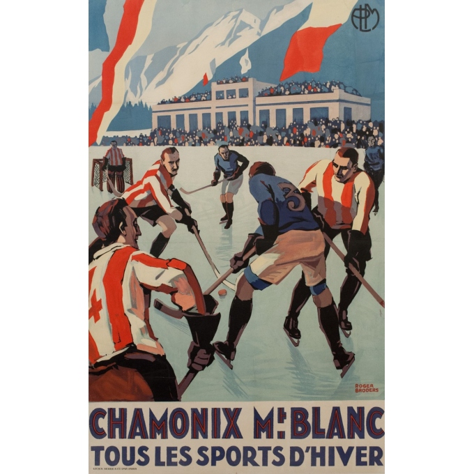 Affiche ancienne Chamonix Mt Blanc sports d'hiver - Championnat du monde de hockey - Roger Broders 1930 - 101 par 63 cm