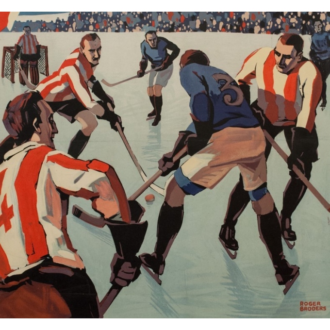 Affiche ancienne Chamonix Mt Blanc sports d'hiver - Championnat du monde de hockey - Roger Broders 1930 - 100 par 63 cm - vue 3