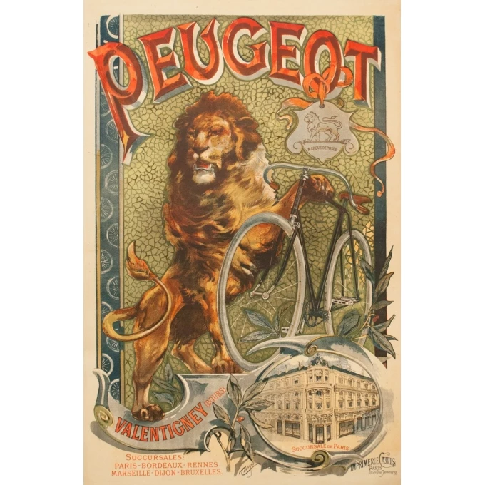 Affiche ancienne de publicité pour Peugeot - Tamagno - 1900 - 138.5 par 89 cm