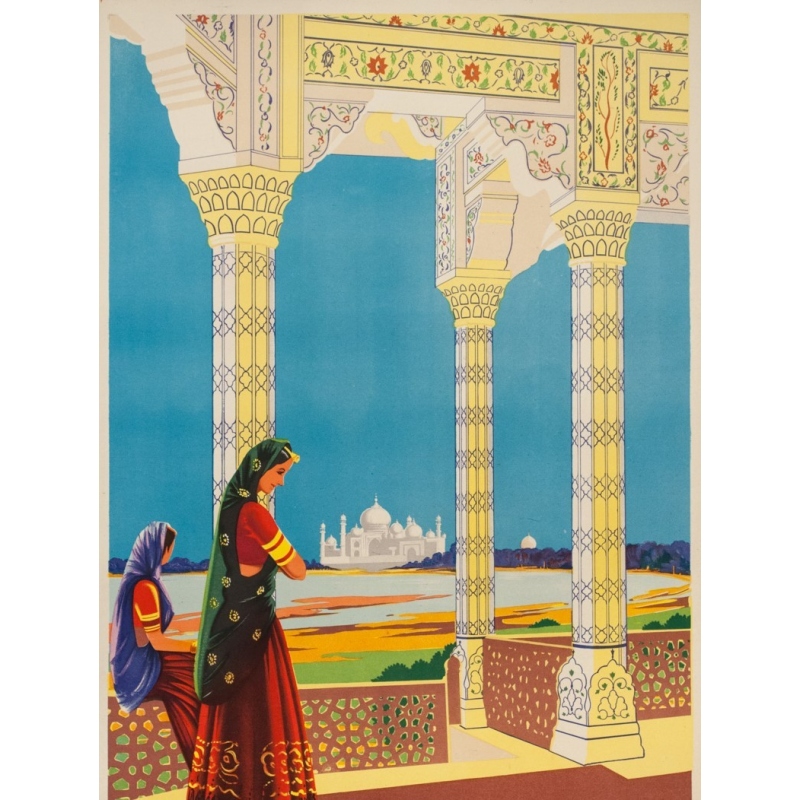 Affiche ancienne de voyage -  - Circa 1950 - Tajmahal Visit India - 102 par 63 cm - Vue 2