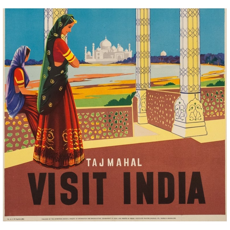 Vintage travel poster  - 1950 - Tajmahal Visit India - 40.2 by 24.8 inches - Vue 3