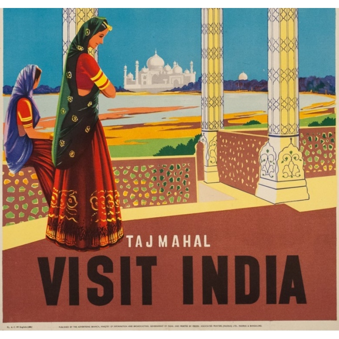 Affiche ancienne de voyage -  - Circa 1950 - Tajmahal Visit India - 102 par 63 cm - Vue 3