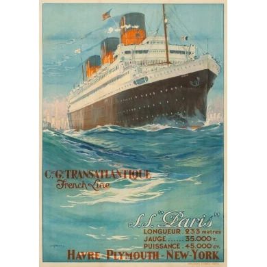 Vintage travel poster - Albert Sebille - 1930 - SS Paris-Compagnie générale transatlantique - french line - 42.1 by 29.5 inches