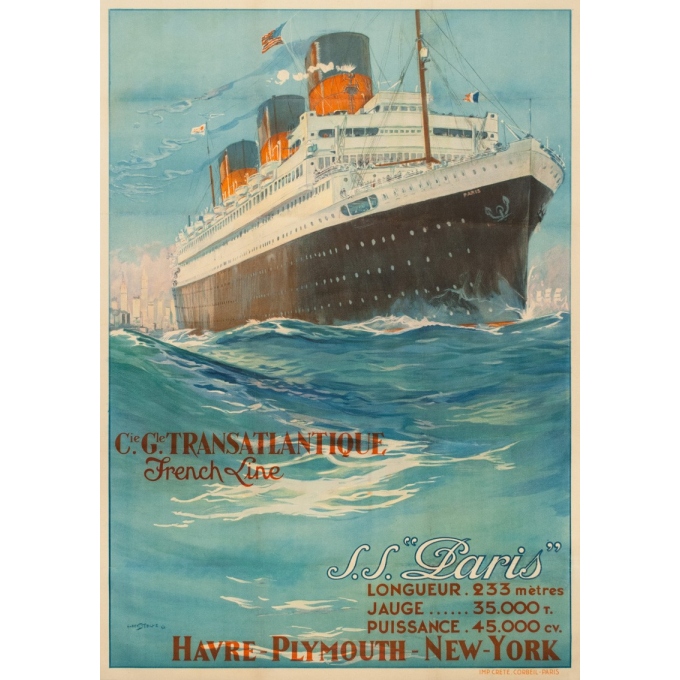 Affiche ancienne de voyage - Albert Sebille - 1930 - SS Paris French Line - 107 par 75 cm