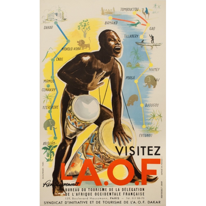 Affiche ancienne de voyage - anonyme -1950- Visitez l'Afrique occidentale française  - 99 par 61 cm