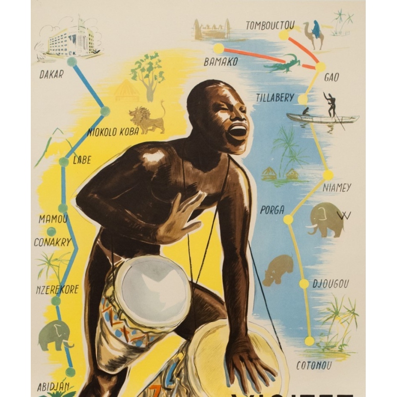 Affiche ancienne de voyage - anonyme -1950- Visitez l'Afrique occidentale française  - 99 par 61 cm - Vue 2