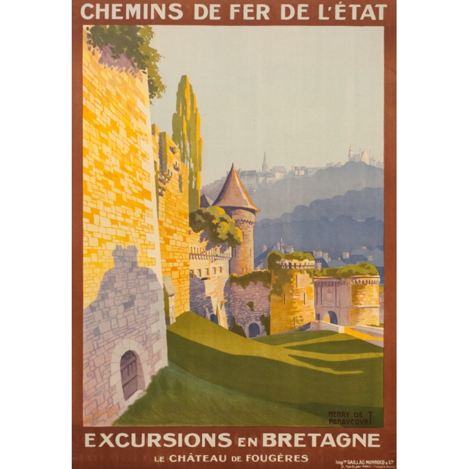 Vintage travel poster - Henry de Renocourt  - 1920 - Bretagne France - château de Fougères - 41.3 by 28.9 inches