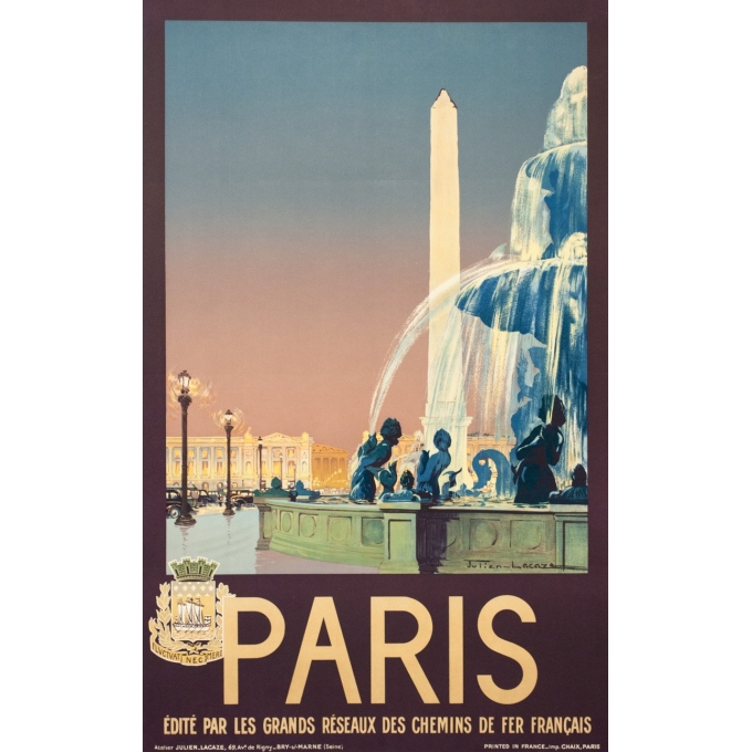 Affiche ancienne de voyage - Julien Lacaze - 1935- Paris - 100 par 62.5 cm