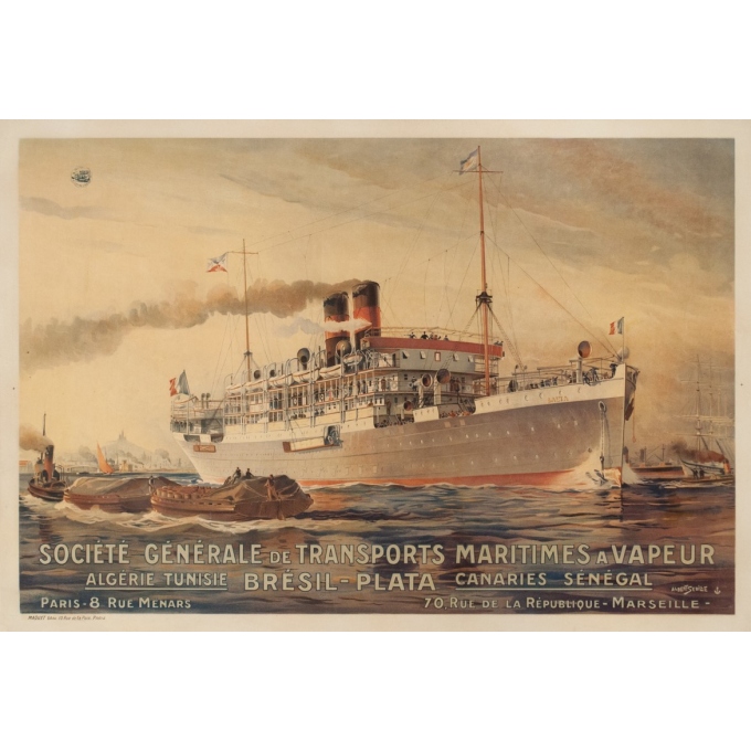 Affiche ancienne de voyage - Albert Sebille - 1925 - Société générale de transports maritimes à vapeur - 105 par 71.5 cm