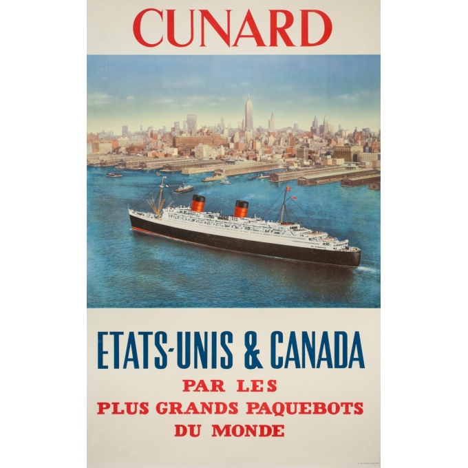 Vintage travel poster - anonyme - ca 1950 - Cunard-Etats-Unis- Canada - 47.2 by 25 inches
