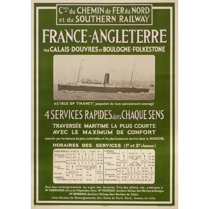 Vintage travel poster - Mc Corquodale - 1926 - France Angleterre via Calaix douvre- - 41.3 by 29.5 inches